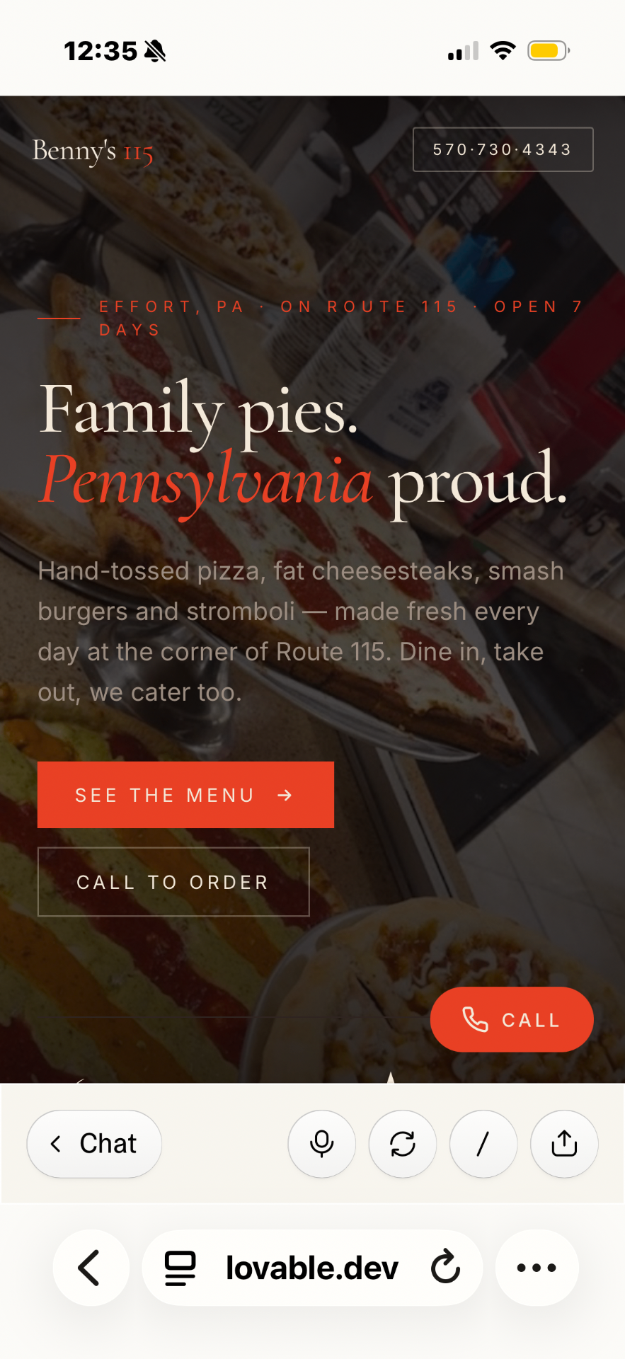 Benny's 115 Pizzeria modern website redesign